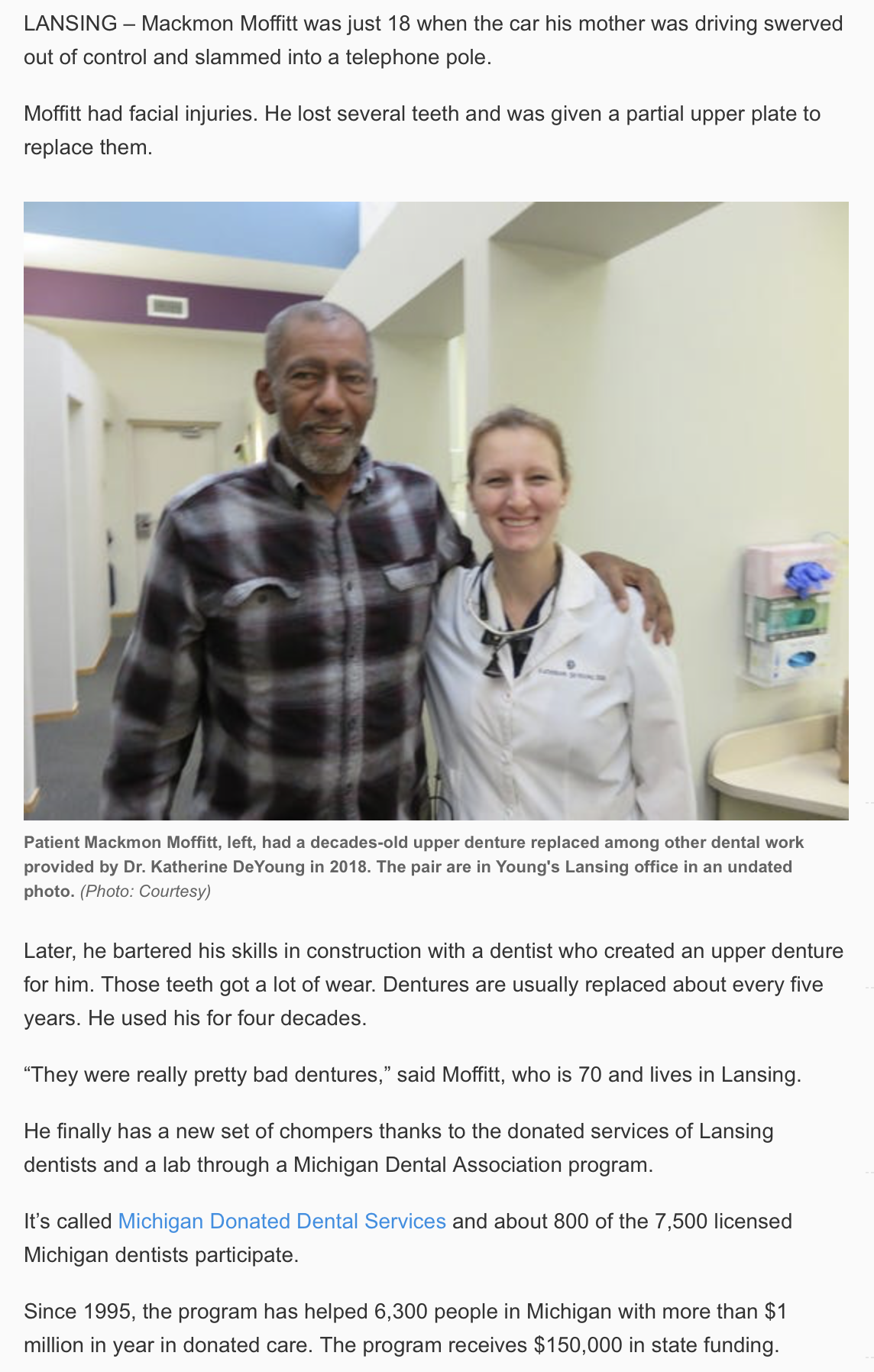 Lansing State Journal Donated Dental Services Story